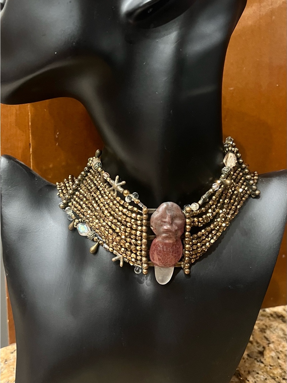 Artisan Brown Beaded Choker Necklace with Carved Stone Pendant